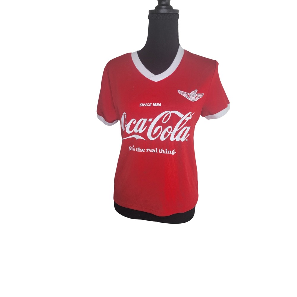 Coca-Cola Red Ringer Tee V-Neck Jersey Shirt XS Coke Is It Graphic Tee